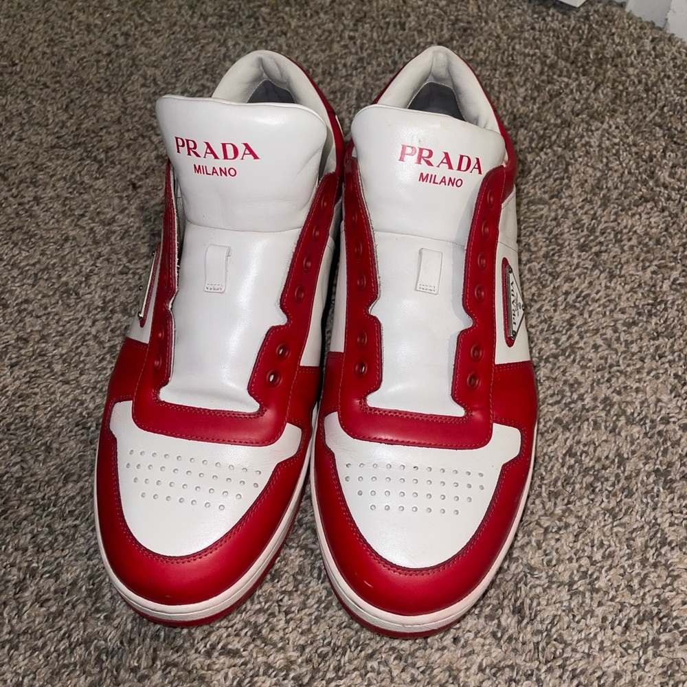Prada Milano Red and White Leather Sneakers